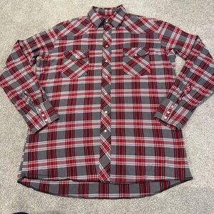 Wrangler Western Shirt L Red Gray Plaid Pearl Snap Cowboy Rodeo Rockabilly